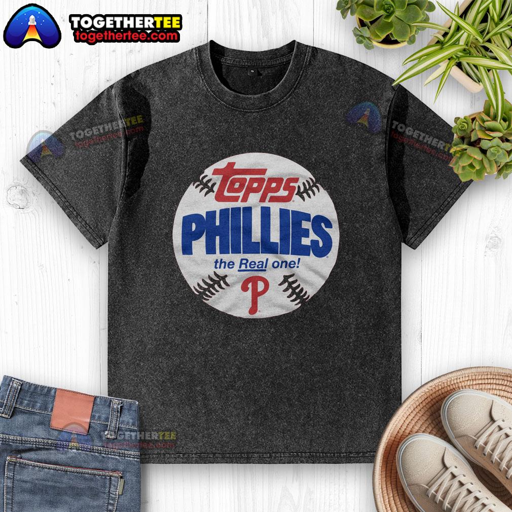 Awesome Philadelphia Phillies MLB X Topps Baseball The Real One Washed T-Shirt in red, showcasing team logo and vintage style.