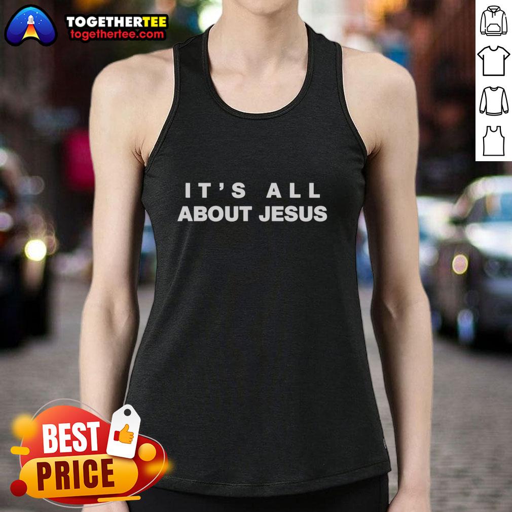 Good David J. Harris Jr. 'It's All About Jesus' tank top showcasing faith-inspired fashion for believers.