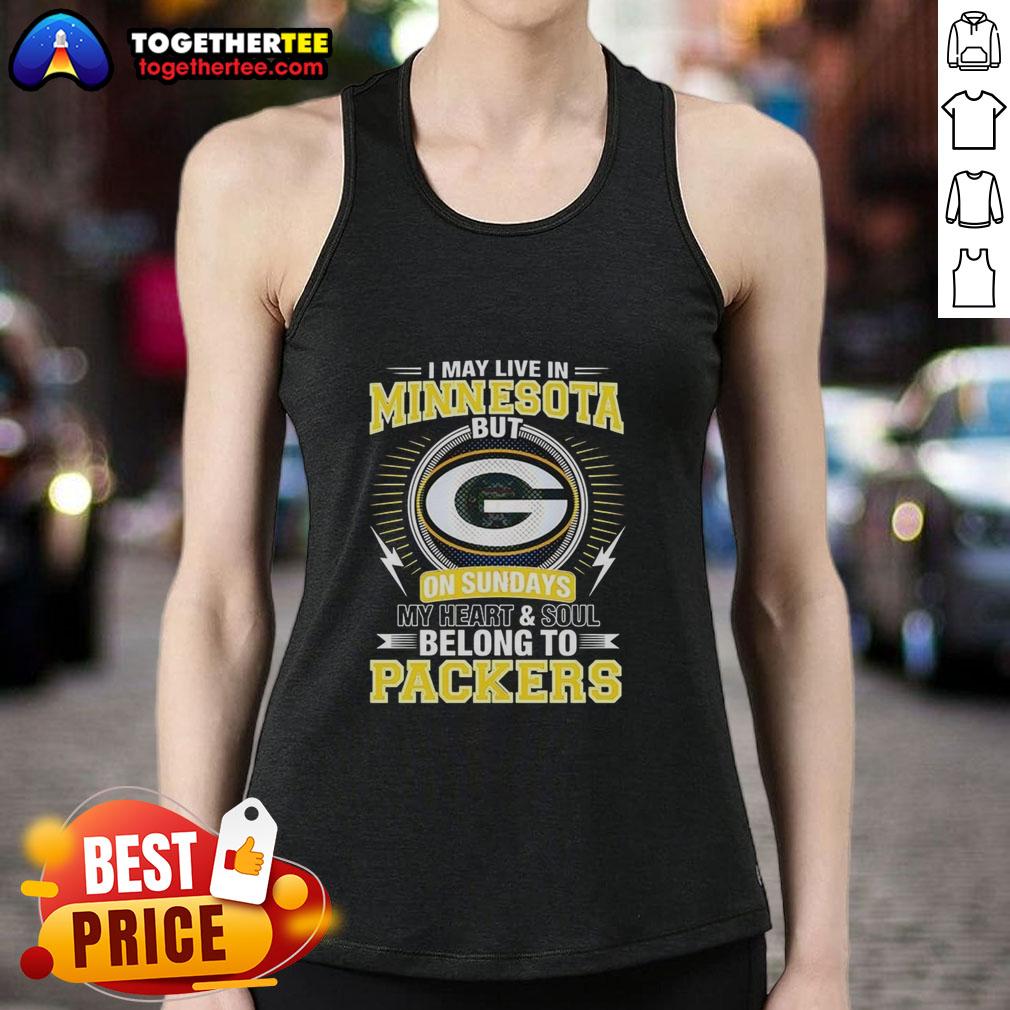 Good Green Bay Packers NFL tank top showcasing loyalty to the Packers despite living in Minnesota on Sundays.