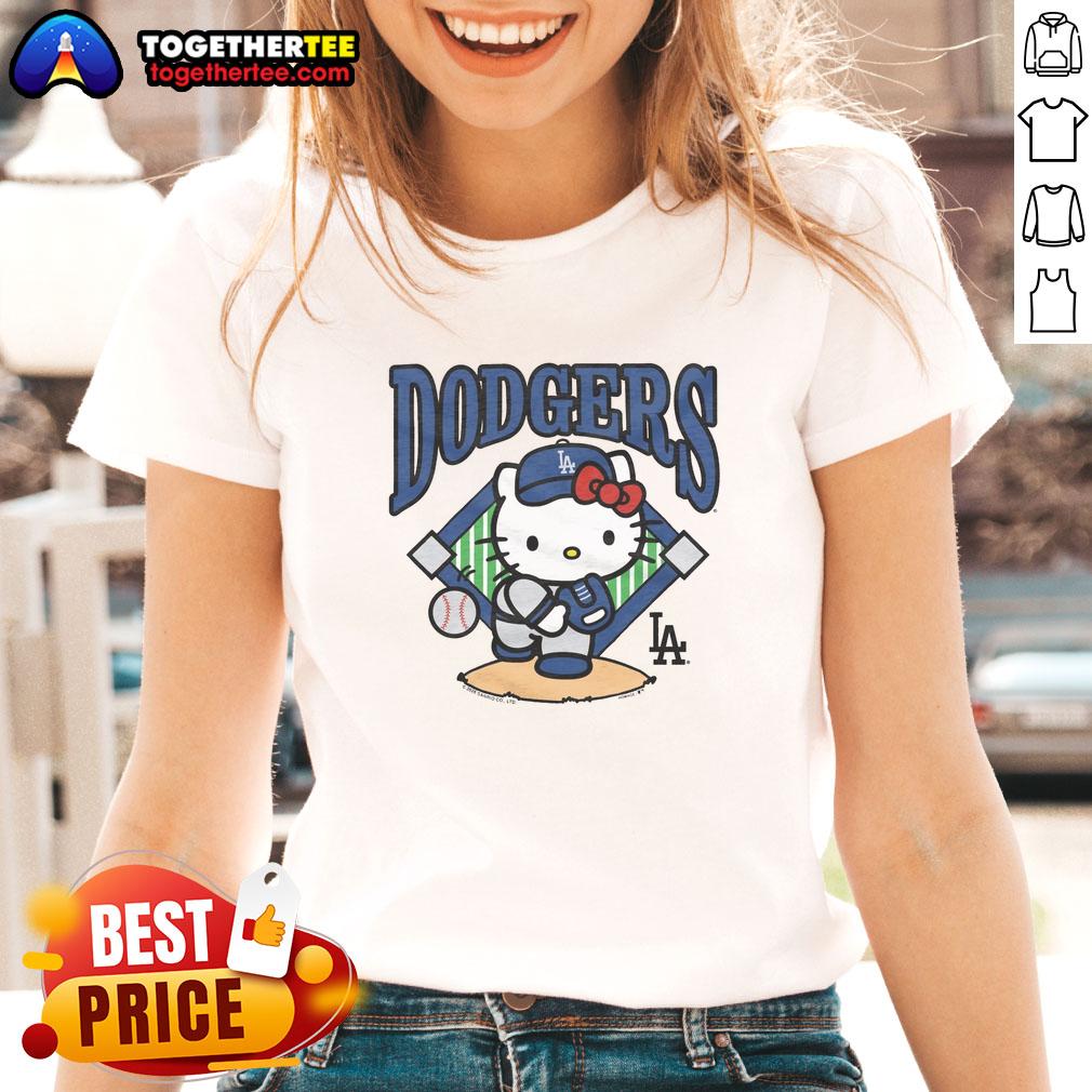 Alt Text: Good Hello Kitty x Los Angeles Dodgers Pitch Ladies Tee featuring a playful design and vibrant team colors.