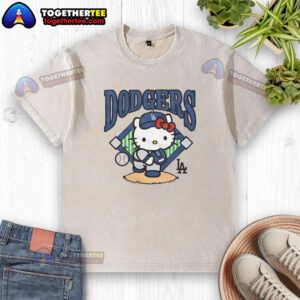 Good Hello Kitty x Los Angeles Dodgers pitch washed t-shirt featuring a playful design combining sports and cuteness.