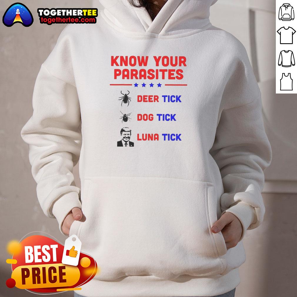 Good Know Your Parasites hoodie featuring deer tick, dog tick, and Luna tick illustrations for tick awareness.