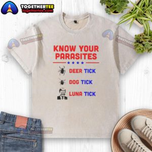 Good Know Your Parasites T-shirt featuring deer tick, dog tick, and luna tick illustrations for pet owners.
