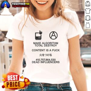 Good Make Algorithm Total Destroy Content Is A Fk Ladies Tee design featuring bold text on a stylish shirt.