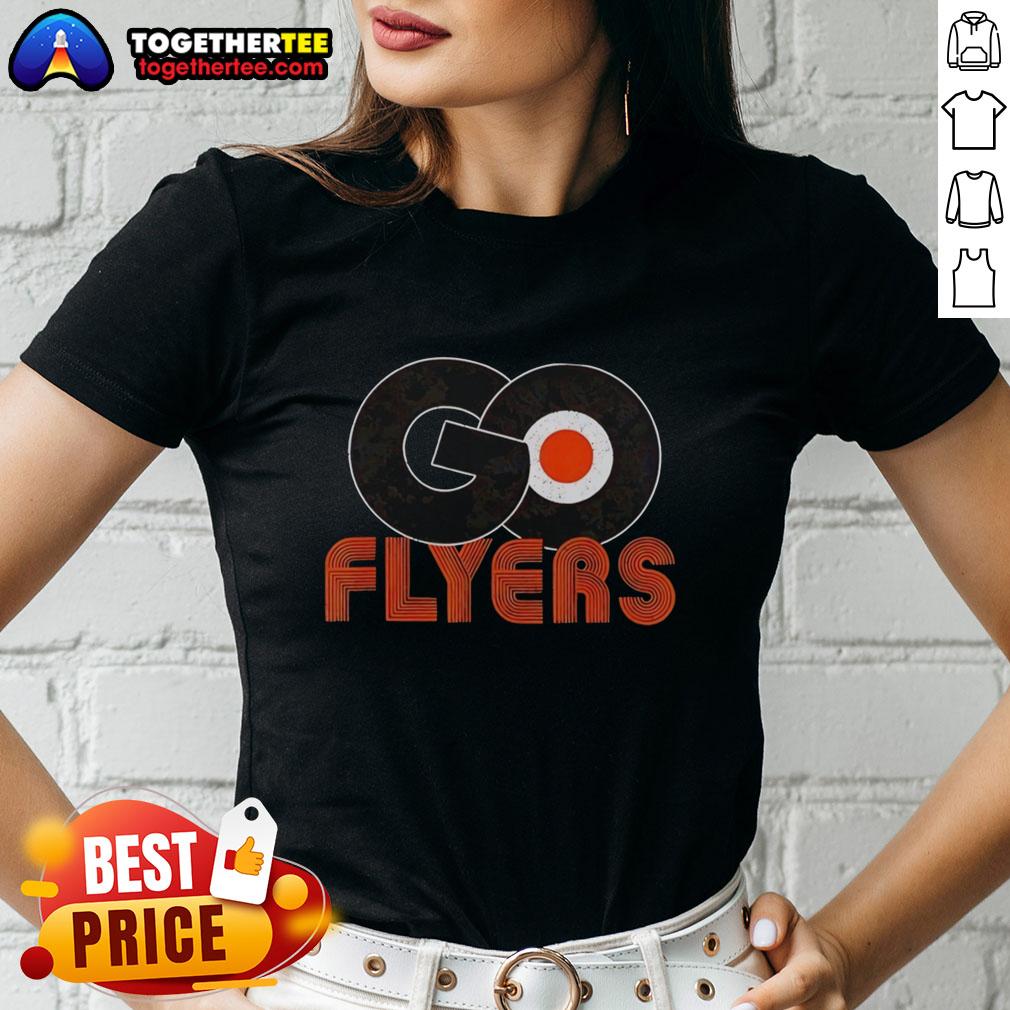Ladies tee featuring the Philadelphia Flyers ice hockey logo with 'Let's Go Flyers' slogan for fans.