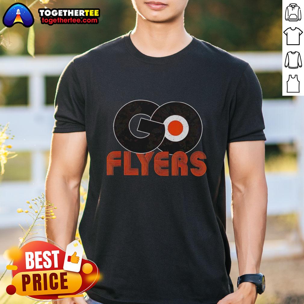 Alt Text: Good Philadelphia Flyers Ice Hockey 'Let's Go Flyers' logo T-shirt showcasing team spirit and fan apparel.