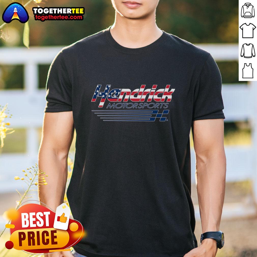 Alt Text: Official Hendrick Motorsports Team Collection Athletic Heather Gray T-Shirt with Patriotic Logo for fans.