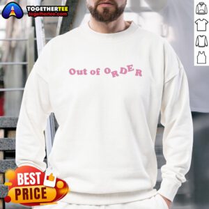 Adwoa Aboah in a stylish Out Of Order pink text sweatshirt, showcasing a trendy urban fashion look.