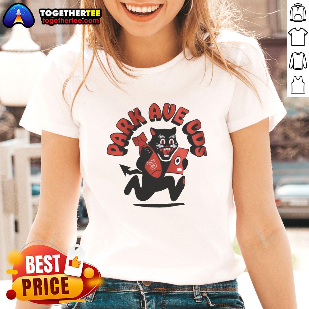 Original Black Cat Park Ave Cos Ladies Tee featuring a stylish black cat design on a comfortable women's t-shirt.