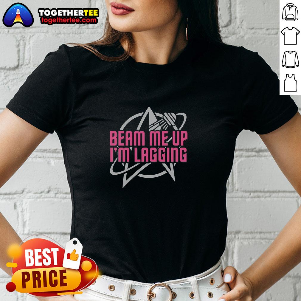 Original Lagging Beam Me Up Ladies Tee featuring a stylish design, perfect for casual wear and sci-fi enthusiasts.
