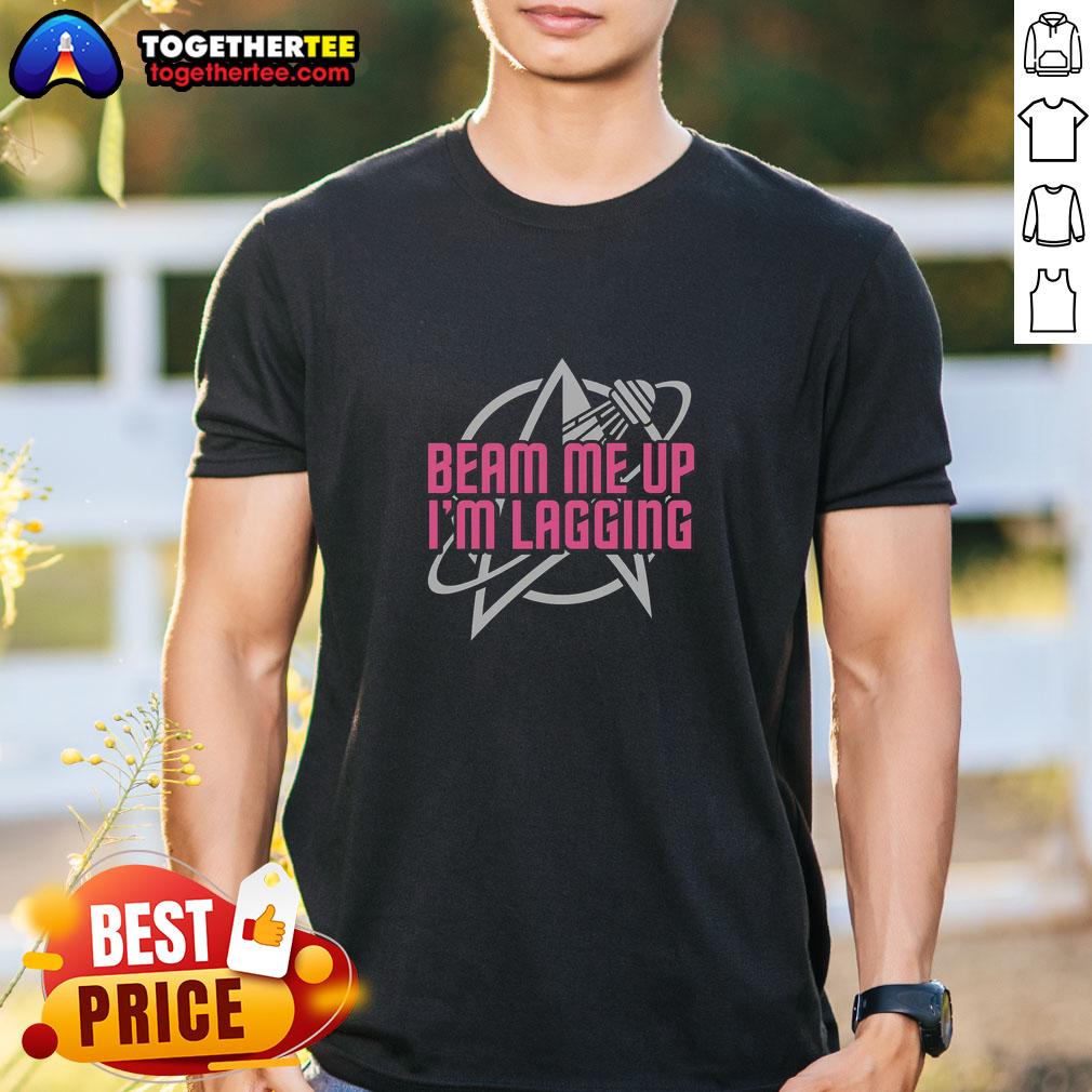 Original Lagging Beam Me Up T-Shirt featuring a vibrant design perfect for sci-fi fans and casual wear.