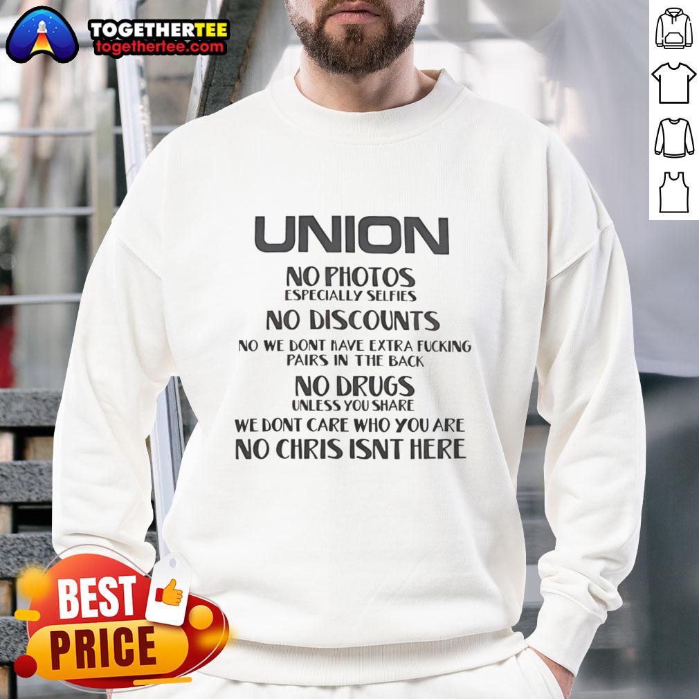 Original Union No Photos Sweatshirt featuring bold text on a cozy fabric, perfect for casual wear and unique style.