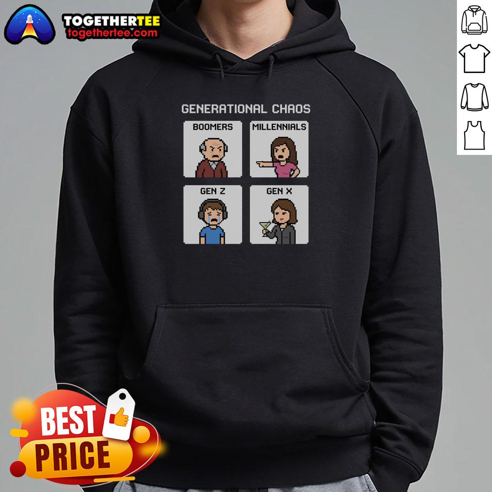 Stylish hoodie featuring generational chaos design with Boomers, Millennials, Gen Z, and Gen X graphics.