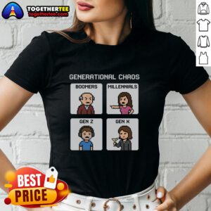 Pretty Generational Chaos tee featuring Boomers, Millennials, Gen Z, and Gen X, perfect for stylish ladies embracing all generations.