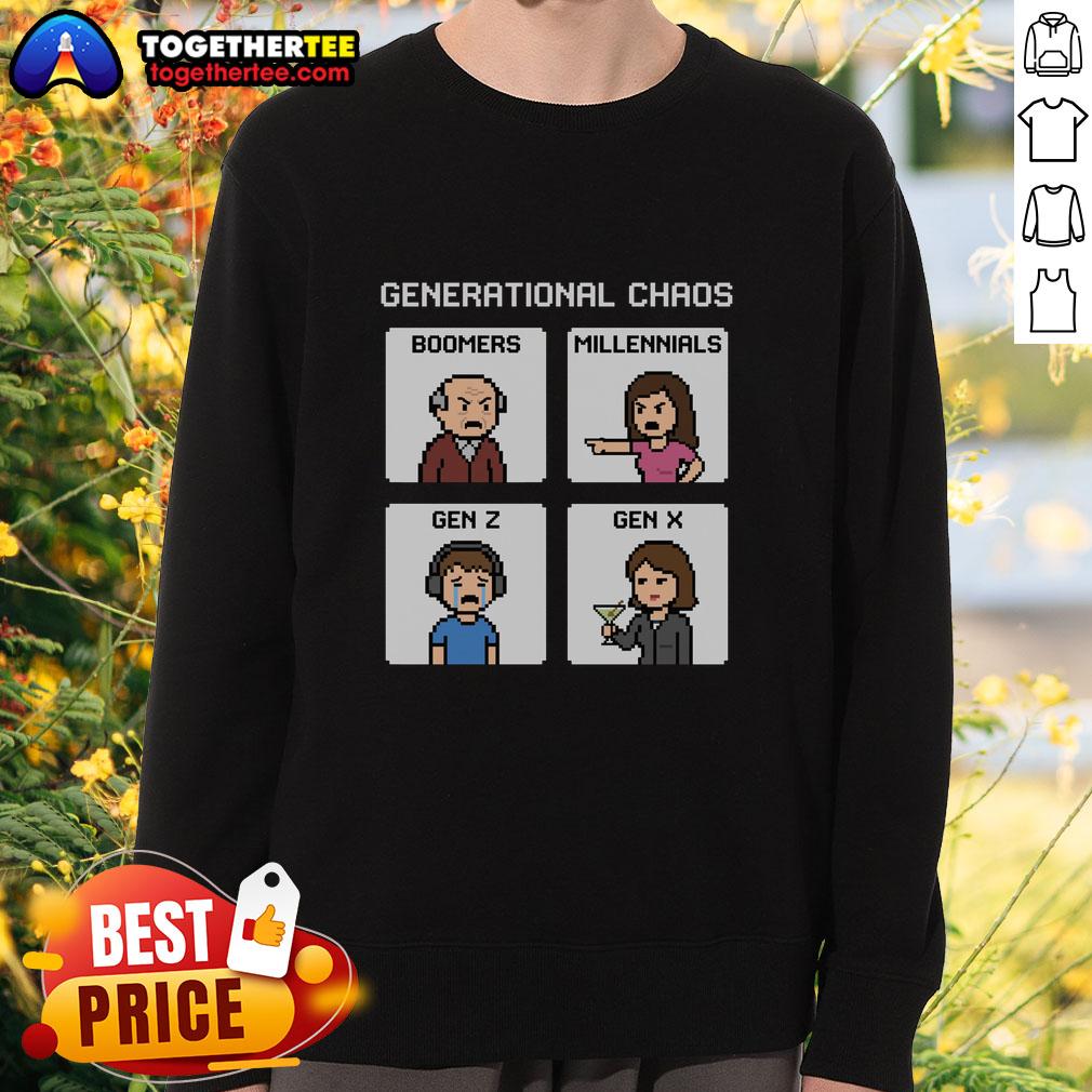 Alt Text: Pretty Generational Chaos sweatshirt featuring Boomers, Millennials, Gen Z, and Gen X designs for trendy casual wear.
