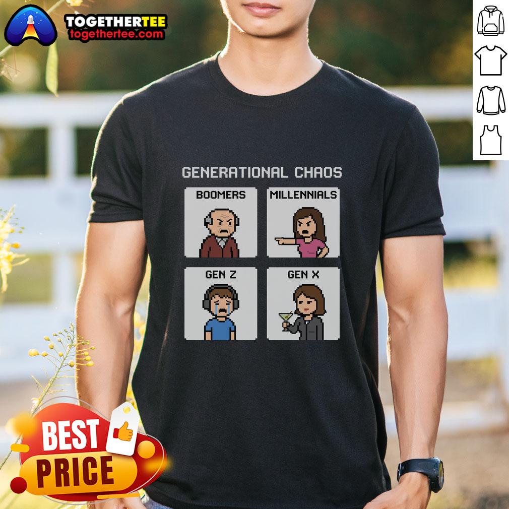 Pretty Generational Chaos T-Shirt featuring Boomers, Millennials, Gen Z, and Gen X designs in vibrant colors.