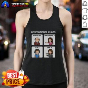 Pretty Generational Chaos tank top featuring Boomers, Millennials, Gen Z, and Gen X in a colorful design.
