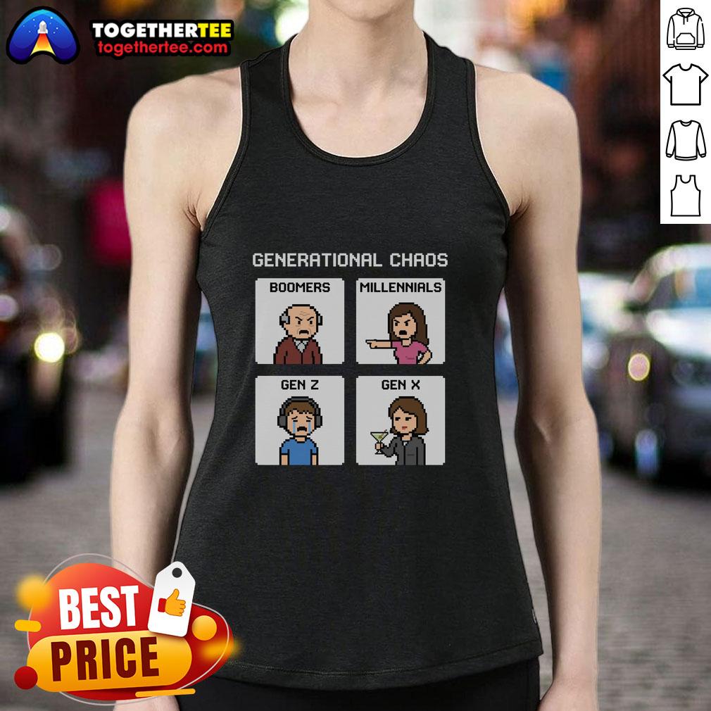 Pretty Generational Chaos tank top featuring Boomers, Millennials, Gen Z, and Gen X in a colorful design.