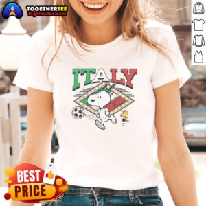 Top Peanuts Snoopy X Italy Soccer ladies tee featuring a playful design with Snoopy and soccer elements.