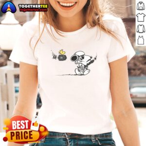 Alt Text: Top Snooptrooper Snoopy and Woodstock X Stormtrooper Star Wars ladies tee featuring a fun crossover design.