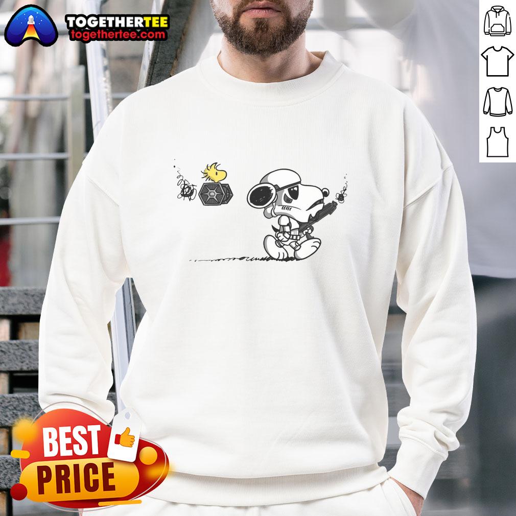 Top Snooptrooper sweatshirt featuring Snoopy and Woodstock as Stormtroopers from Star Wars, perfect for fans and cozy wear.