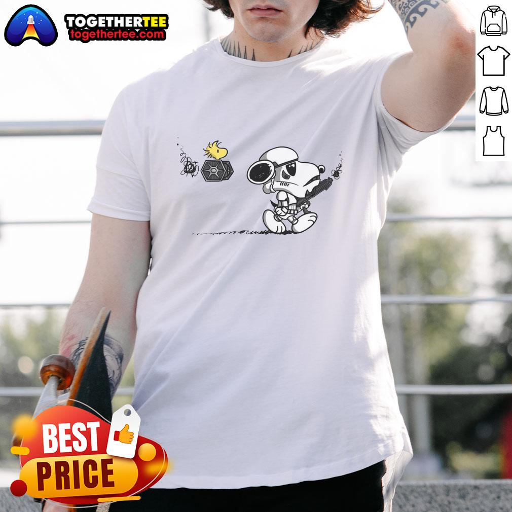 Top Snooptrooper Snoopy and Woodstock in Stormtrooper gear on a stylish Star Wars T-shirt design for fans.