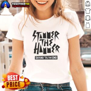 Top Stammer The Hammer Defend 'Til The End Ladies Tee in vibrant colors, perfect for casual wear and fan support.