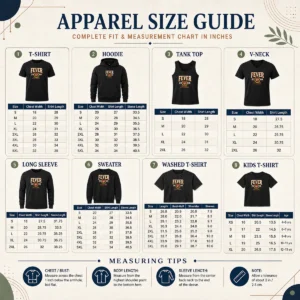 Size chart for Funny Indiana Fever 2000 Eastern Conference with measurements in inches and cm