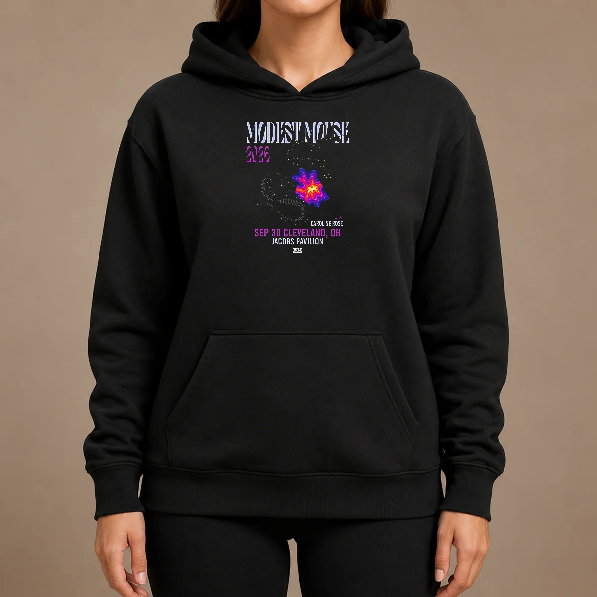 Funny Modest Mouse House Of Blues Anaheim CA Oct 21 2026 Poster Hoodie Funny Modest Mouse House Of Blues Anaheim CA Oct 21 2026 Poster printed on a black pullover hoodie with front pocket and drawstrings