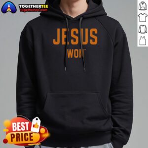 Good Jesus Won Apparel Christian Faith Religious Message Theme Hoodie in black with bold white lettering on front