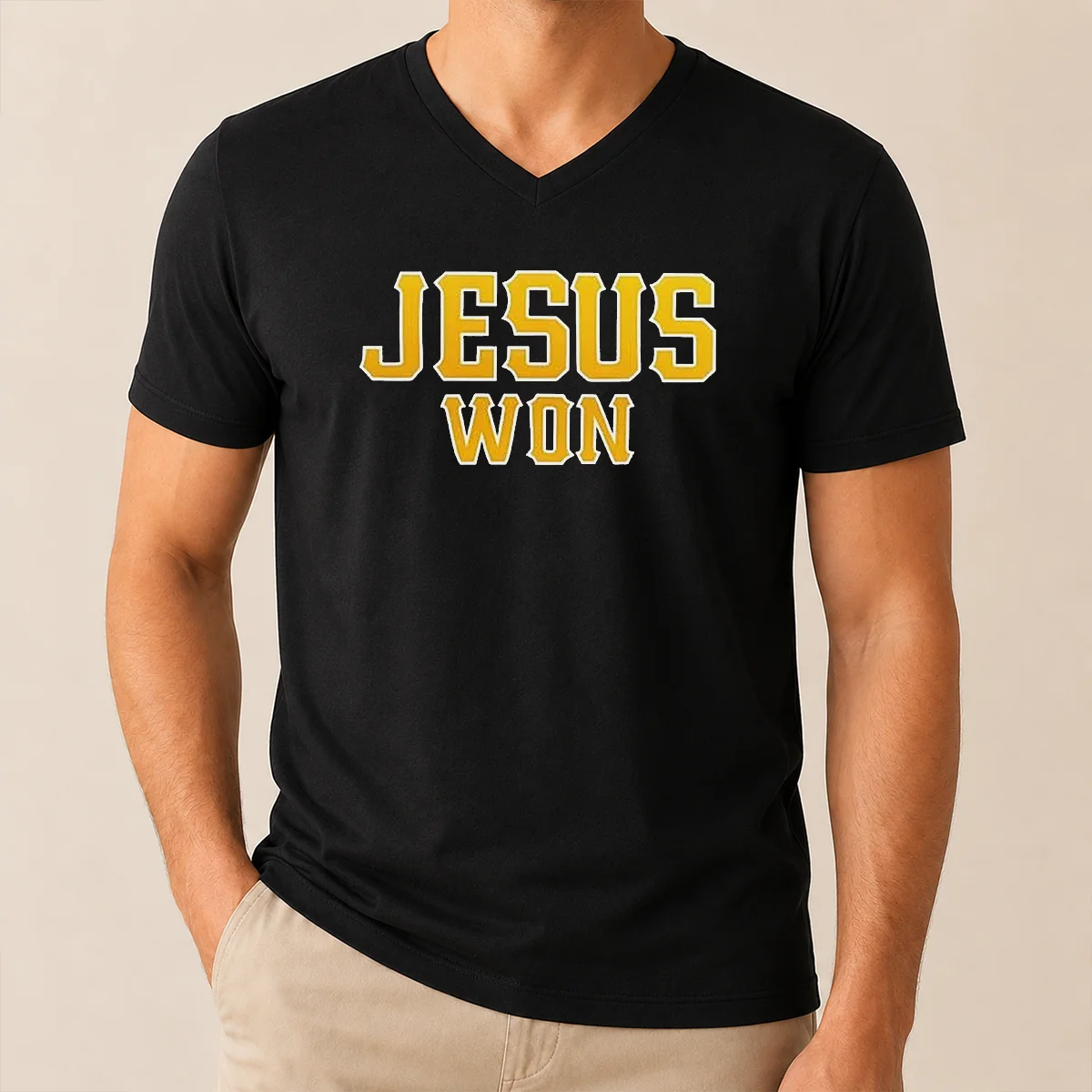 Good Jesus Won Christian Religious Faith V-Neck Shirt Good Jesus Won Christian Religious Faith V-Neck Shirt