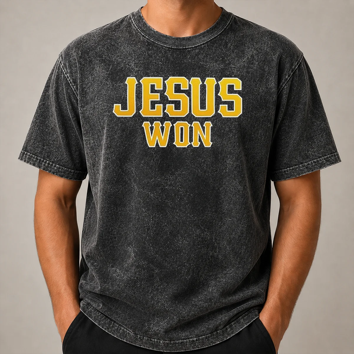 Good Jesus Won Christian Religious Faith Inspirational Quote Sport Style Washed T Shirt Good Jesus Won Christian Religious Faith Inspirational Quote Sport Style Washed T Shirt in soft, worn-in fabric