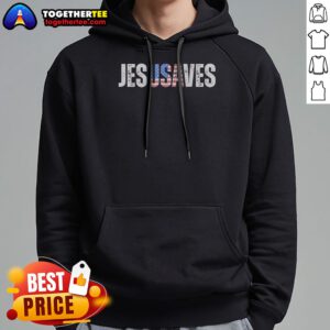 Good Jesusaves Patriotic Christian Pun Bold Text Hoodie in dark color with bold white and red lettering