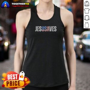 Good Jesusaves Patriotic Christian Pun Bold Text Tank Top in white, sleeveless casual wear with bold graphic print