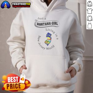 Good Just A Montana Girl Living In A New Jersey World Hoodie in dark gray with front pocket and drawstring hood