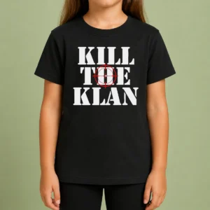 Good Kill The Klan Anti Racism Crosshair Target Graphic Statement Kids T Shirt in white, featuring bold graphic text and crosshair design