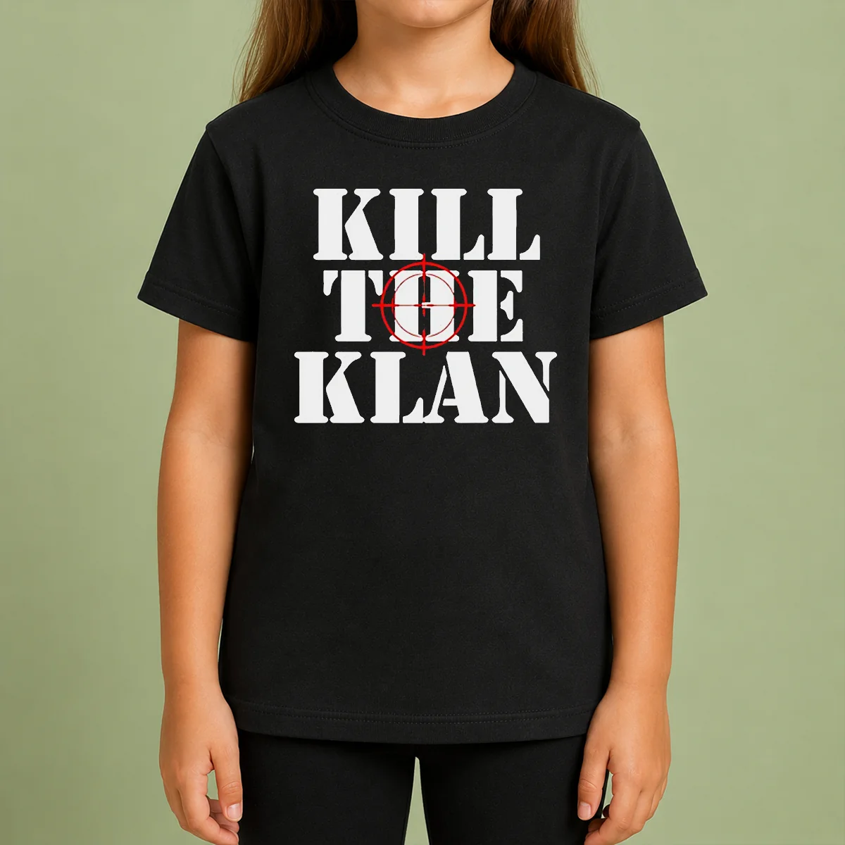 Good Kill The Klan Anti Racism Crosshair Target Graphic Statement Kids T Shirt Good Kill The Klan Anti Racism Crosshair Target Graphic Statement Kids T Shirt in white, featuring bold graphic text and crosshair design