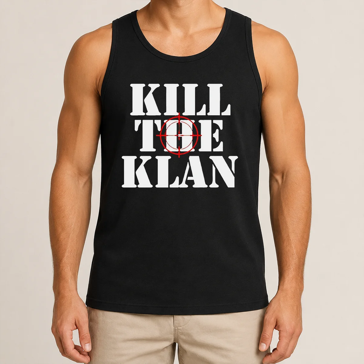 Good Kill The Klan Anti Racism Crosshair Target Graphic Statement Tank Top Good Kill The Klan Anti Racism Crosshair Target Graphic Statement Tank Top in black with bold white and red print