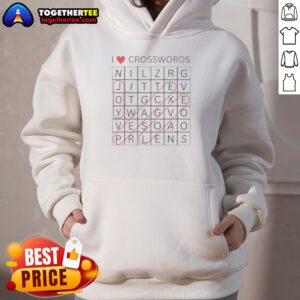 Hot I Love Crosswords Joy Peace Love Hoodie in cozy fabric with colorful text design on front