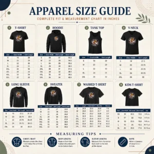 Size chart for Hot Providence Bruins Fightin' Parms showing garment measurements in inches and cm