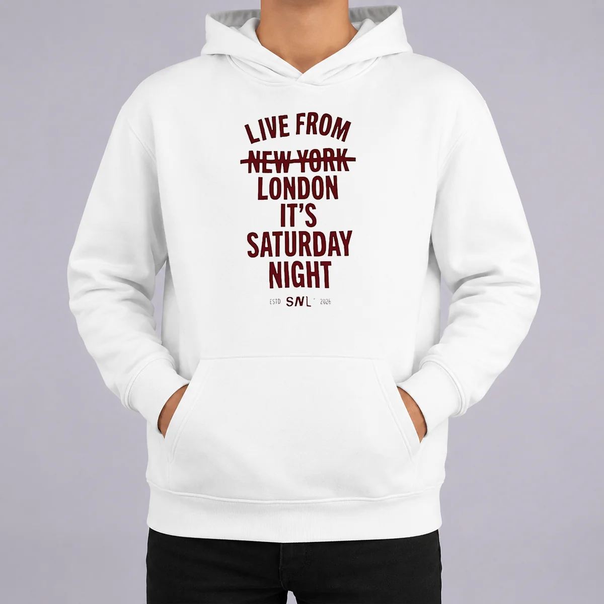 Nice Live From London It'S Saturday Night Live UK In 2026 Hoodie Nice Live From London It'S Saturday Night Live UK In 2026 Hoodie front view in black with printed design