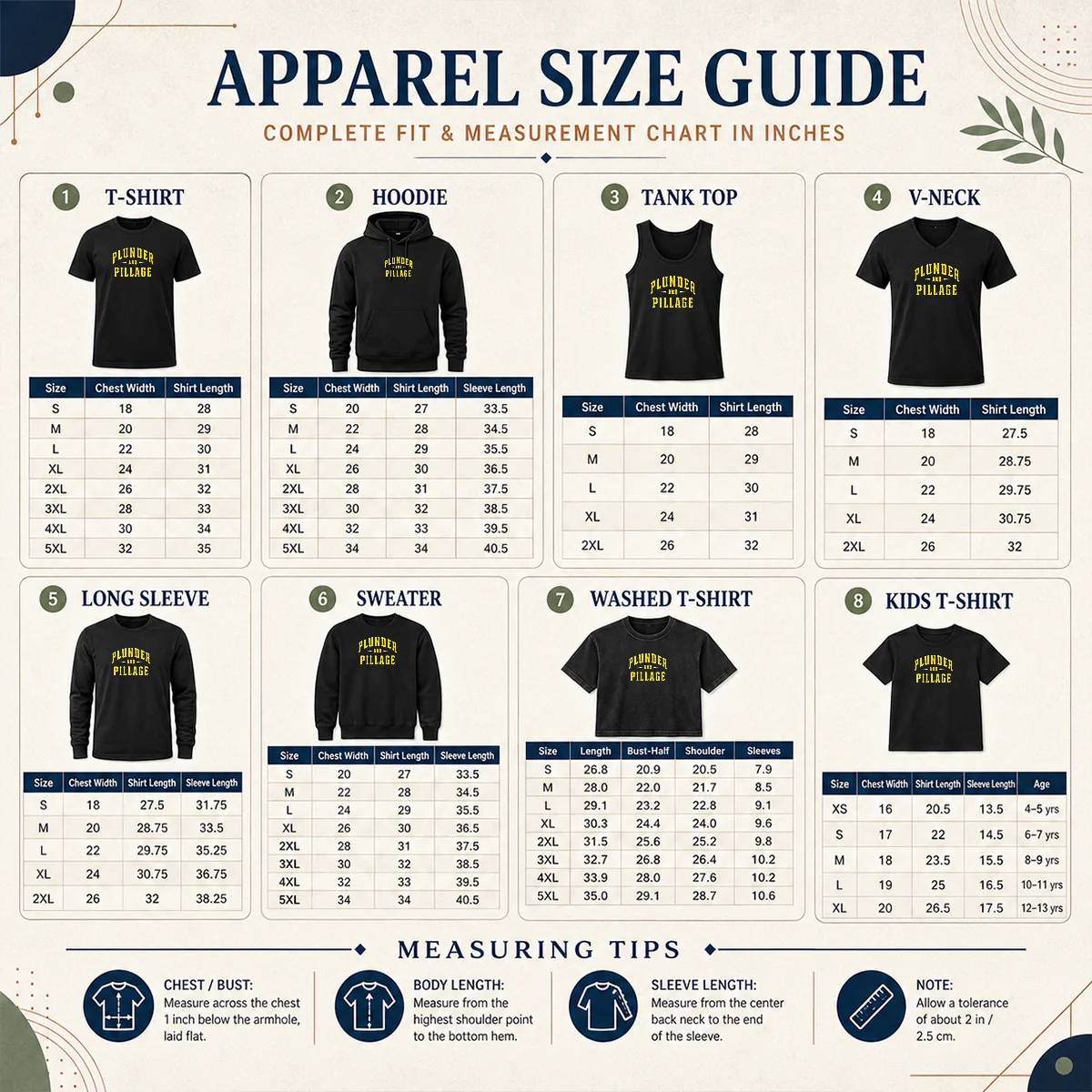 Official Plunder And Pillage Pittsburg PA Logo Size Chart Size chart showing garment measurements in inches and cm for Official Plunder And Pillage Pittsburg PA Logo apparel