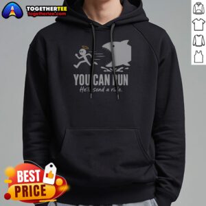 Original Angel Fleeing From Shark You Can Run He Will Send A Ride Humor Hoodie in black, front view with drawstring hood and kangaroo pocket