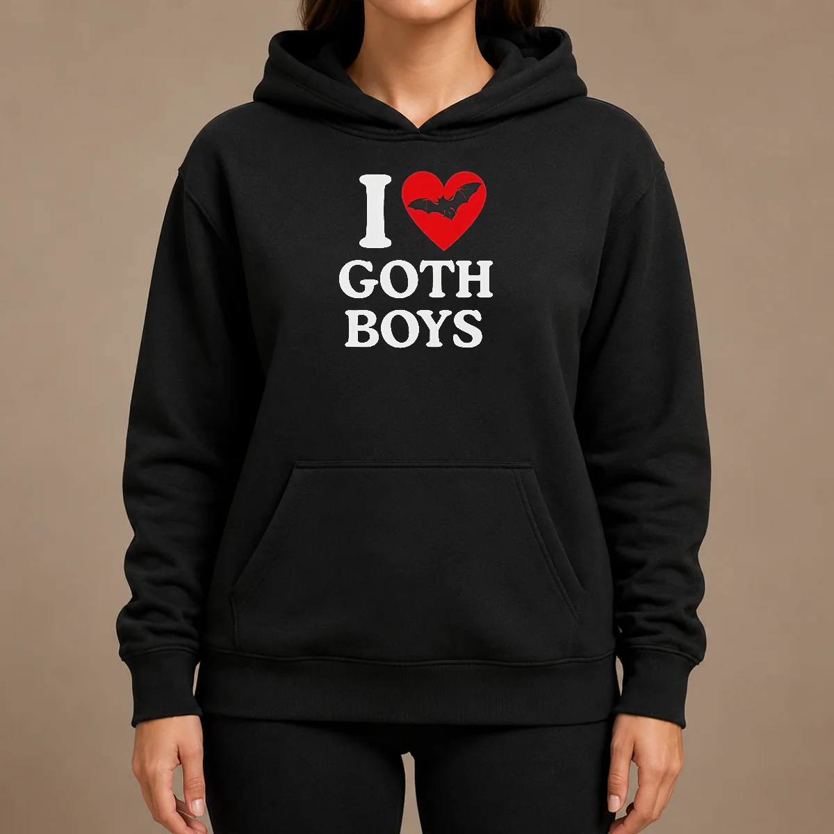 Original I Love Goth Boys Hoodie Original I Love Goth Boys Hoodie in black with white graphic print, front view with hood up