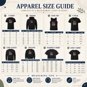 Size chart for Original I Love Goth Boys with measurements in inches and cm for accurate sizing