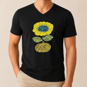 Original Love Island UK Tommy Murphy Stussy Sunflower V Neck Shirt in white with sunflower graphic on front