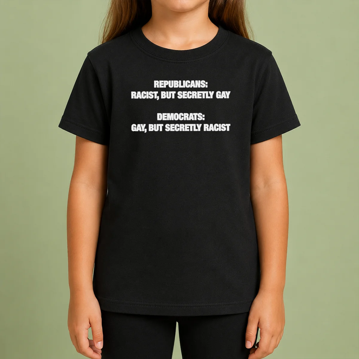 Original Political Satire Republicans Racist But Secretly Gay Democrats Gay But Secretly Racist Text Kids T Shirt Original Political Satire Republicans Racist But Secretly Gay Democrats Gay But Secretly Racist Text kids t shirt front view in bright colors