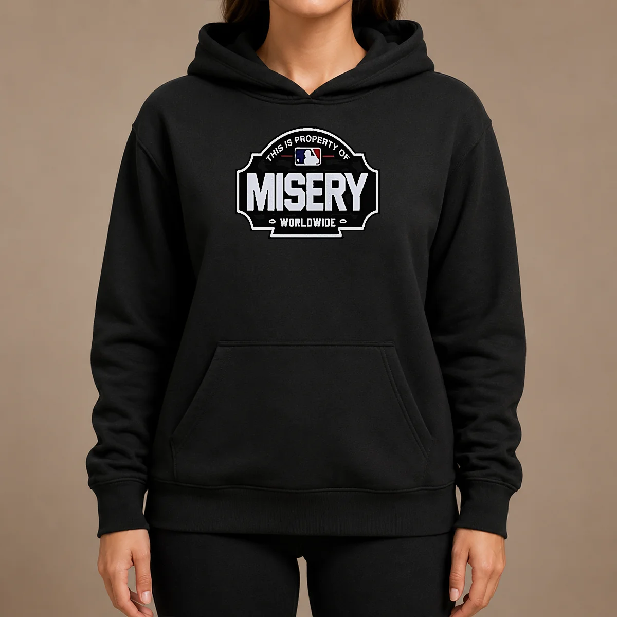 Original Property Of Misery Worldwide Hoodie Original Property Of Misery Worldwide Hoodie in black, front view with drawstring hood and kangaroo pocket