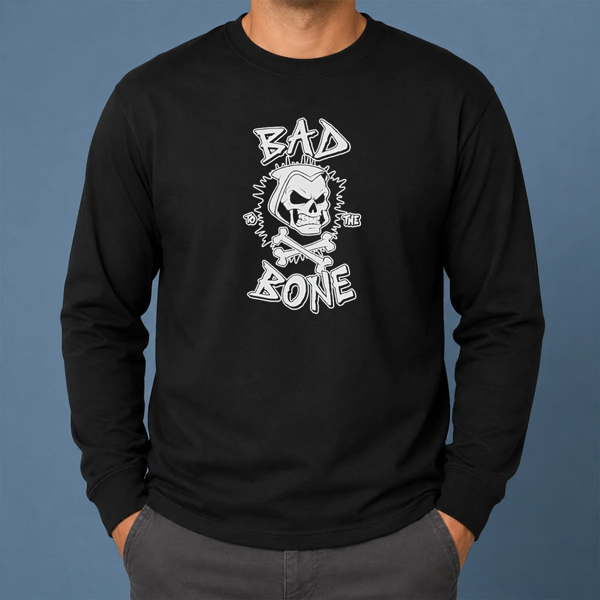 Premium Bad To The Bone Skull Skeleton Long Sleeve Shirt Premium Bad To The Bone Skull Skeleton Long Sleeve Shirt featuring detailed skull and skeleton graphic on a comfortable long sleeve garment