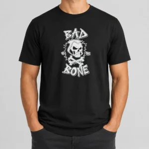 Premium Bad To The Bone Skull Skeleton t shirt in black, featuring a bold skull skeleton graphic on front